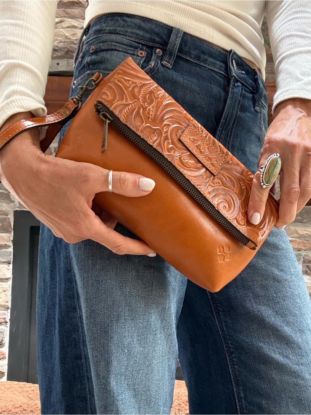 Patricia Nash Valerie Gold Tooled Floral Leather Wristlet clutch